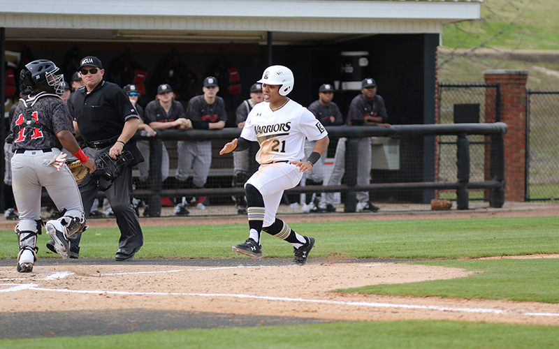 Warrior outfielder Dakota Kennedy scores an early run in East Central’s opening game win over Mississippi Delta. (EC Photo)