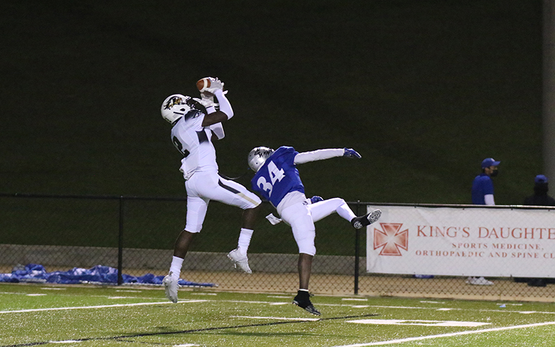 Warrior sophomore wide receiver John Hilbert (Brookhaven) hauls in a 36-yard touchdown pass in the fourth quarter to tie the game 10-10. (EC Photo)